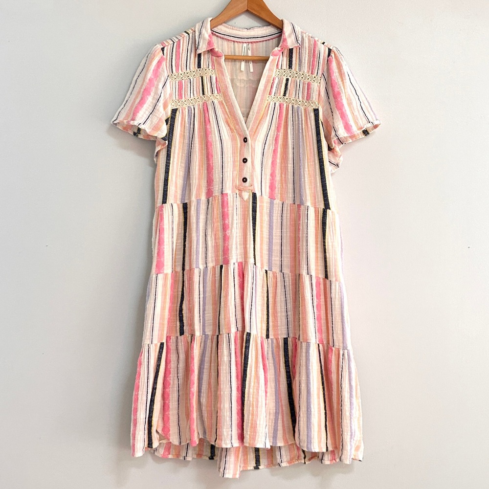 Anthropologie Georgina Tiered Dress M Striped Cotton Crochet Boho Pockets